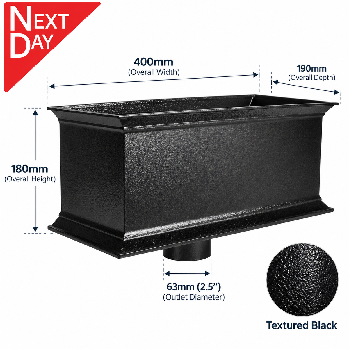 400mm Ornamental Cast Aluminium Rectangular Hopper Head (no motif) - 63mm (2.5") Outlet - Textured Black