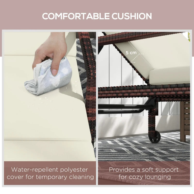 Rattan Wicker Outdoor Sun Lounger - Grey, Adjustable Backrest, 2 Wheels