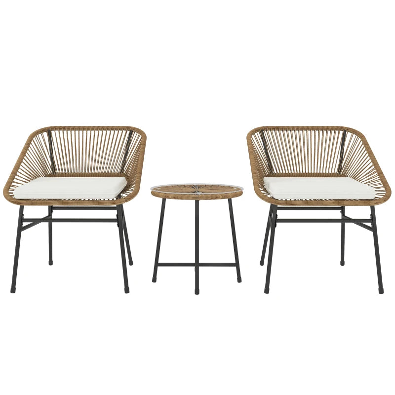 3 Pieces Rattan Bistro Set - Small Garden Table and Chairs with Cushions, Glass Top Coffee Table - Natural Wicker Outdoor Furniture for Patio and Balcony