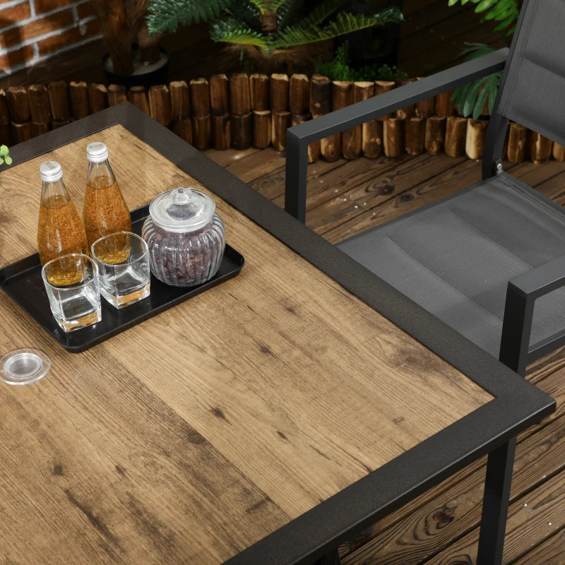 Brown Outdoor Dining Table for 4 with Parasol Hole, Stone-Grain Effect Top