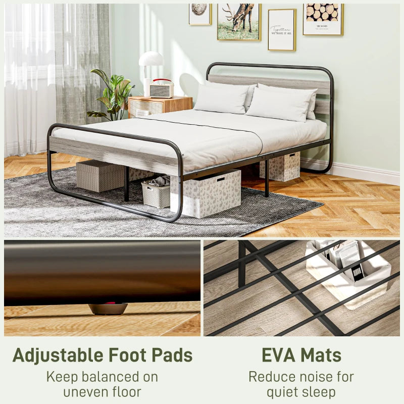 Industrial Style 4ft6 Double Bed Frame - Metal Platform with Under Bed Storage, No Box Spring Required, Easy Assembly, Grey