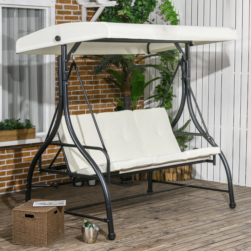 3 Seater Cream White Canopy Swing Chair - 2 in 1 Garden Swing Seat Bed with Adjustable Canopy and Metal Frame