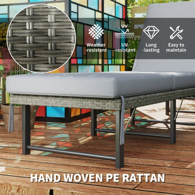 Grey Single Folding Rattan Sun Lounger with Cushion - Outdoor Relaxation Chair