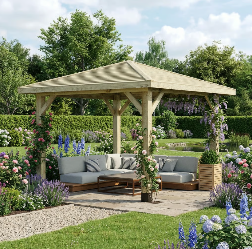 Ruby Wooden 4 Pitch Gazebo with Featheredge Roof - Pressure-Treated Garden Gazebo Structure