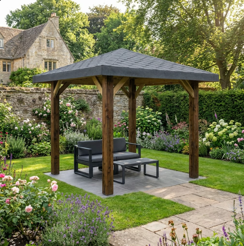 Ruby Wooden 4 Pitch Gazebo with Katepal Grey Shingle Roof - Premium Weatherproof Garden Gazebo