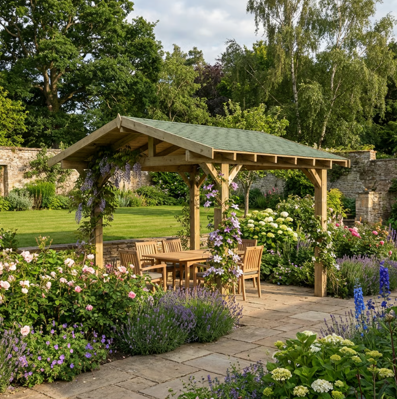 Ruby Wooden Apex Gazebo with Katepal Green Shingle Roof & Overhang