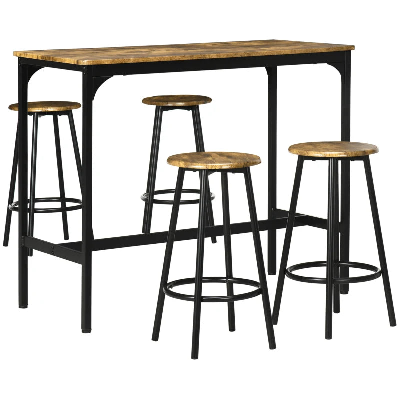 Five Piece Industrial Style Bar Table Set in Brown and Black for Modern Dining Spaces
