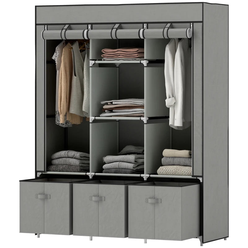Portable Fabric Wardrobe with Shelves and Hanging Rails for Bedroom Storage Light Grey