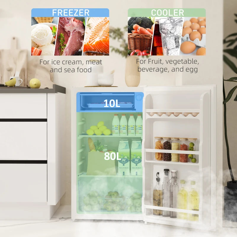 91L Freestanding Under-Counter Fridge with Lock - Compact White Refrigerator for Home, Office, or Bar Use