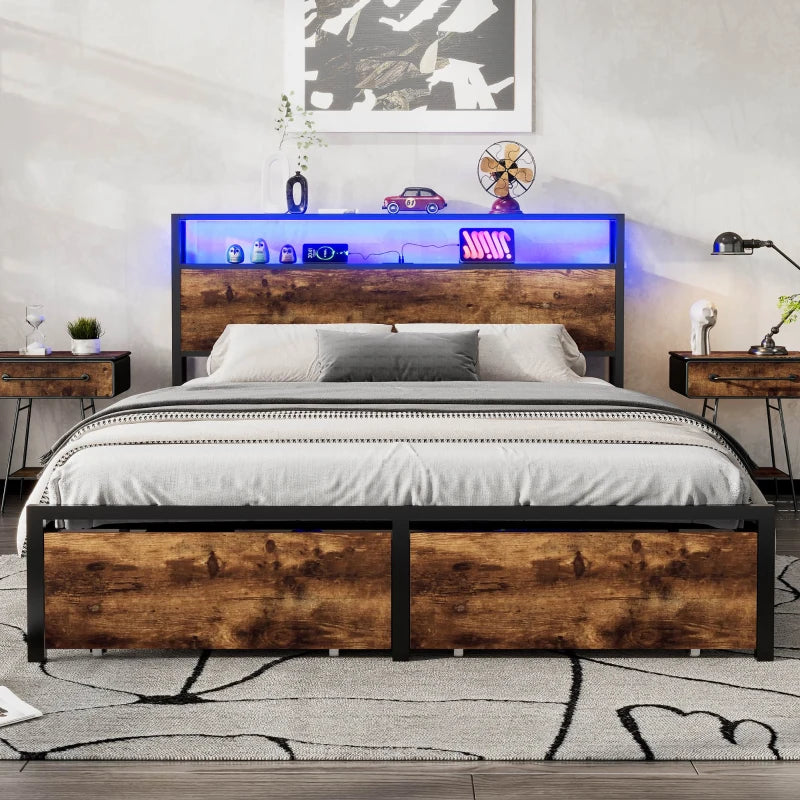 Metal Double Bed with LED Light Strip, 4 Drawers & 3 USB Ports - Black & Dark Walnut, 207.5x135x105 cm