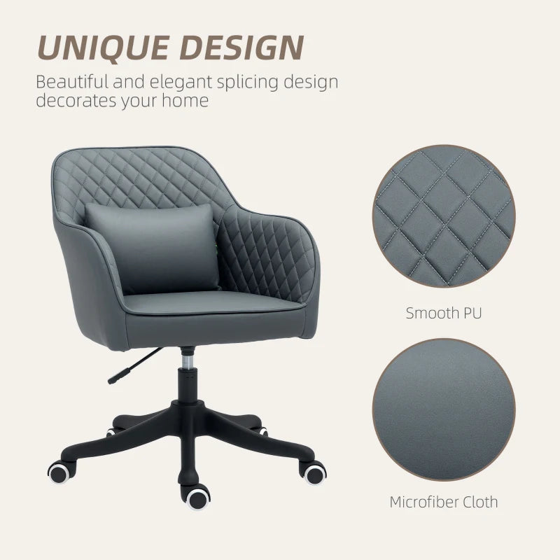 Vinsetto Grey Microfiber Office Chair with Massage Lumbar Pillow, Rolling Wheels - Ideal for Desk, Makeup Vanity & Home Use