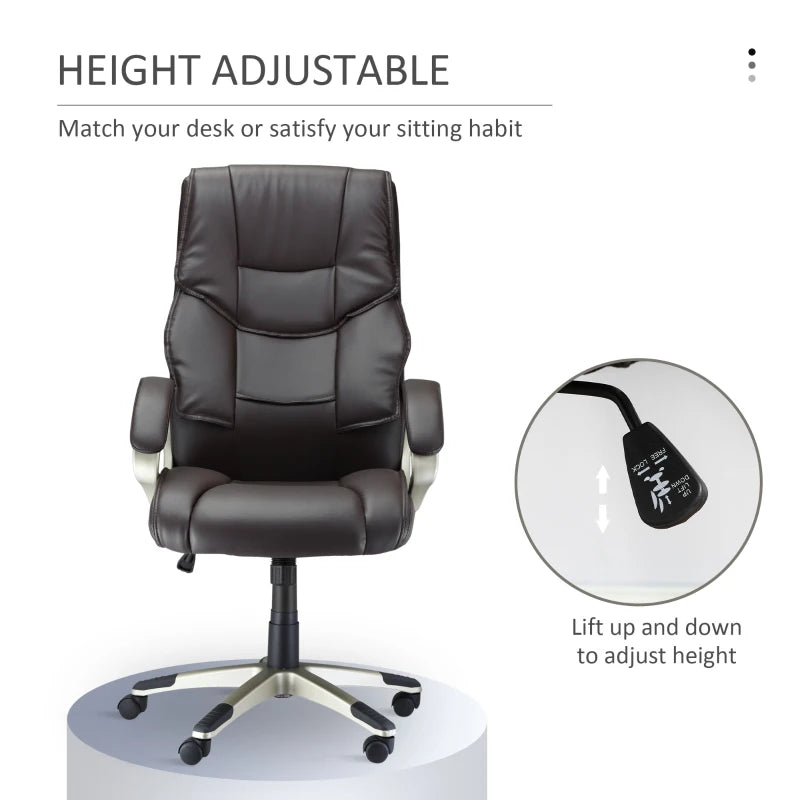 High Back Home Office Chair - Adjustable Faux Leather Desk Chair with Rocking Function in Brown