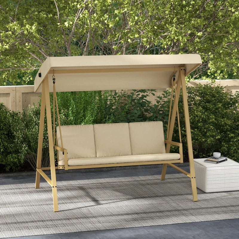 Beige 3-Seat Garden Swing Chair with Adjustable Canopy