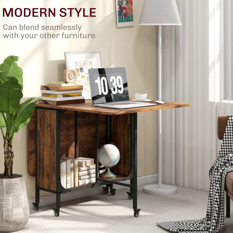 Rustic Brown and Black Six-Person Drop Leaf Dining Table - Space-Saving Design for Modern Homes