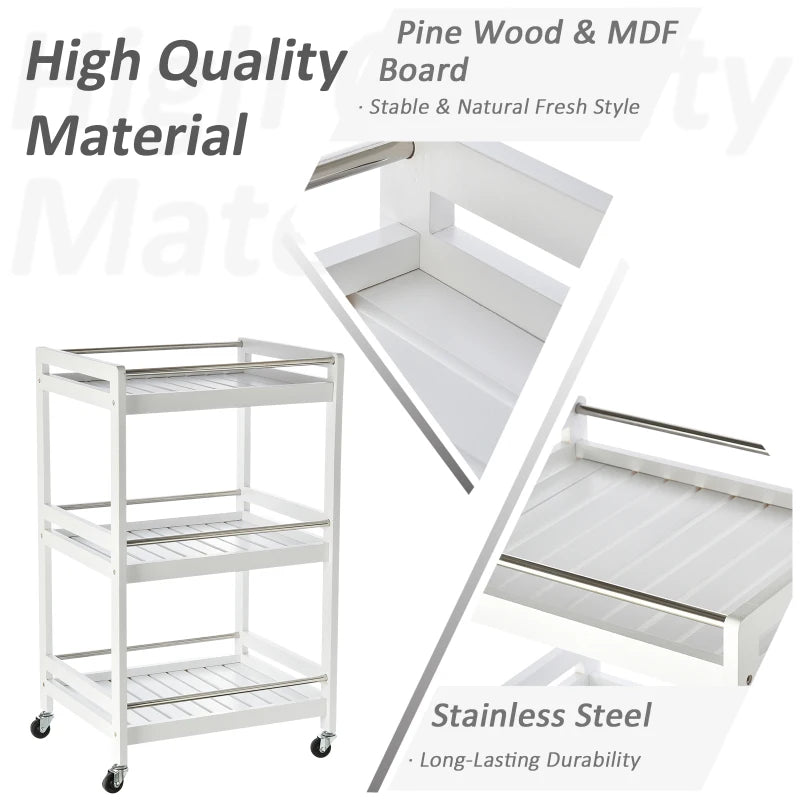 3-Tier Rolling Kitchen Storage Cart with Steel Bars & 4 Wheels - White Home Organizer for Living Room & Kitchen