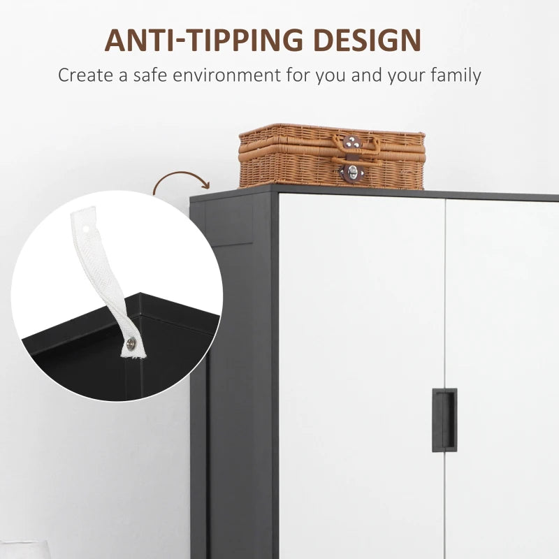 Modern Black 2 Door Wardrobe with 3 Drawers and Hanging Rod for Bedroom Storage