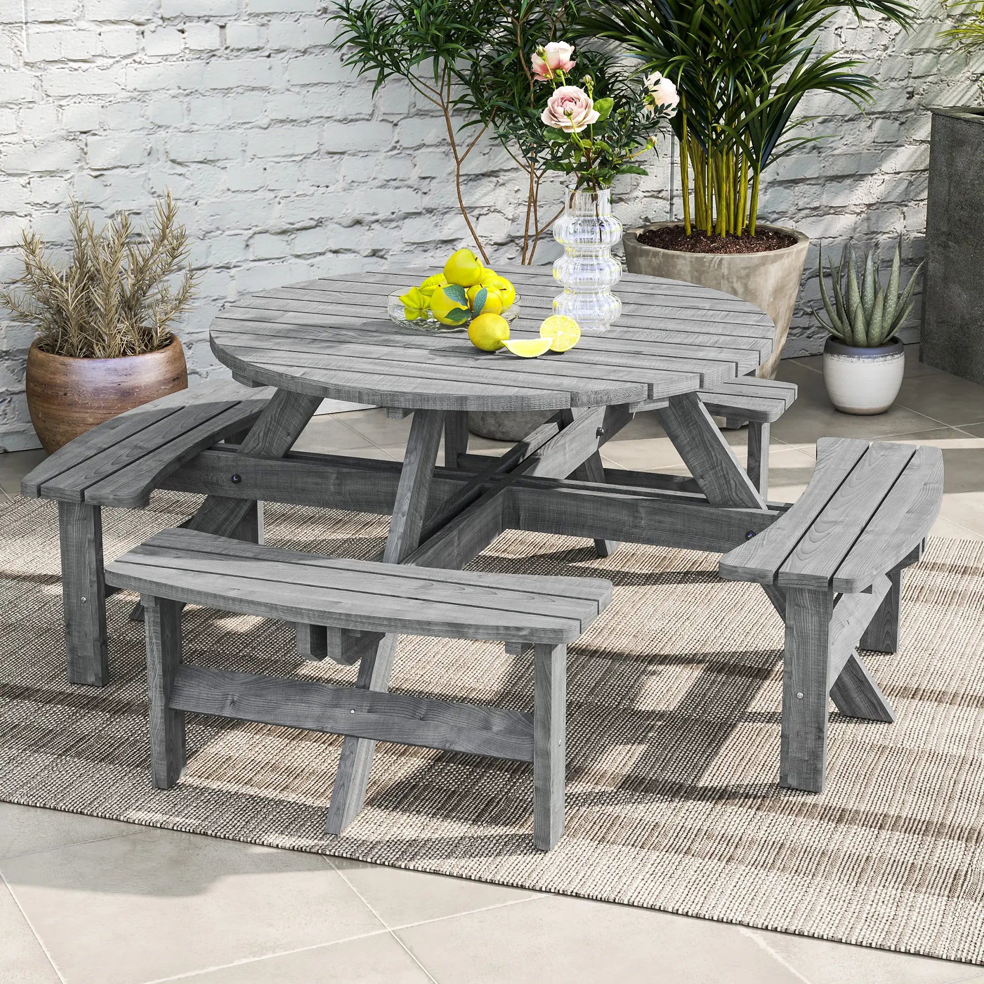 Grey Fir Wood 8-Seater Wooden Picnic Set -  Slatted Tabletop - Suits 8 People