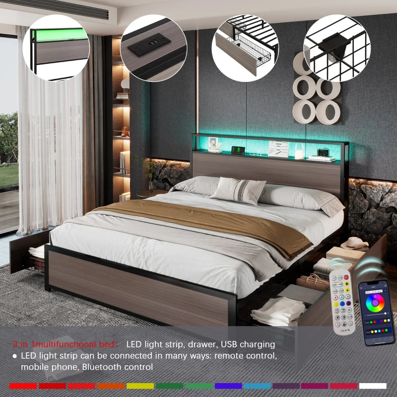 Metal Double Bed with LED Light Strip, 4 Drawers & 3 USB Ports - Stylish Gray Bedroom Furniture, 207x135.5x105 cm