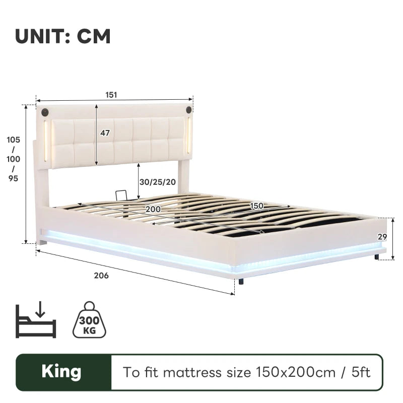 King Size LED Hydraulic Bed with Charging Station Adjustable Tufted Headboard Space Saving Design Beige