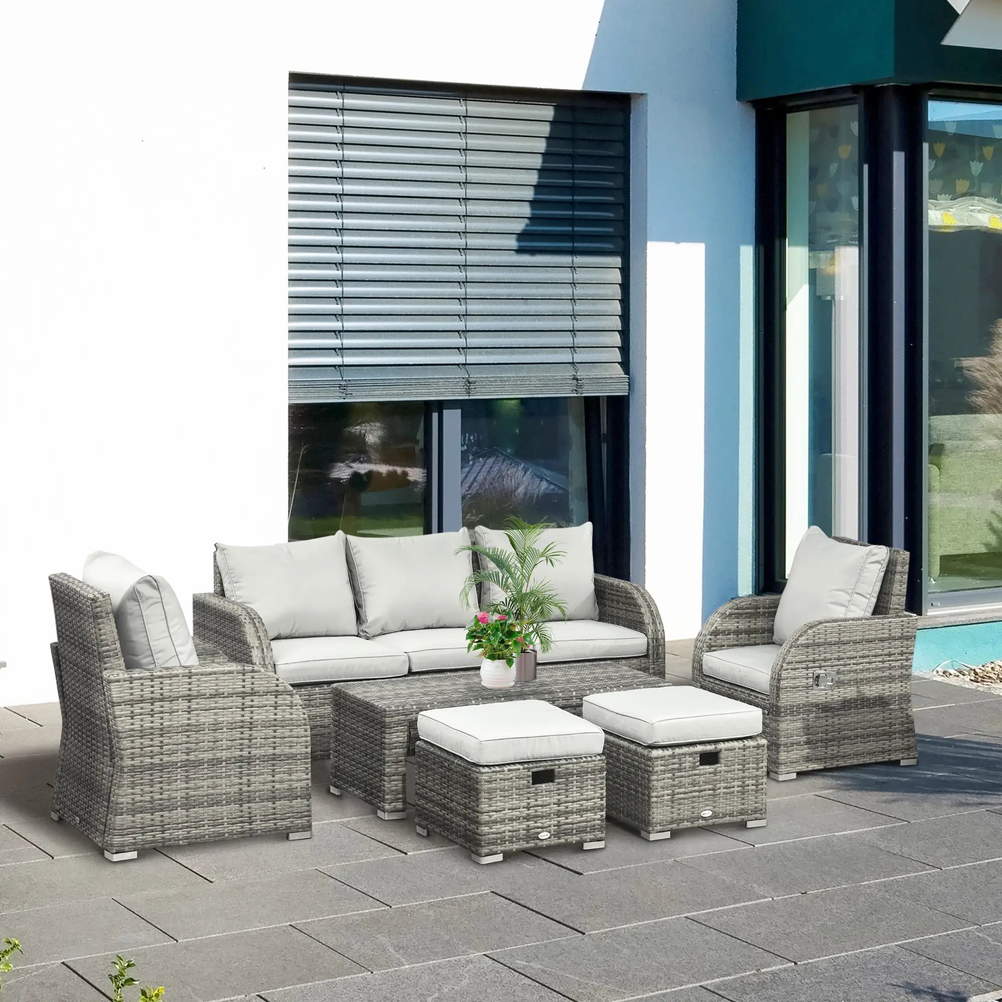 Light Grey 7 Seater Rattan Sofa, Coffee Table & Footstools