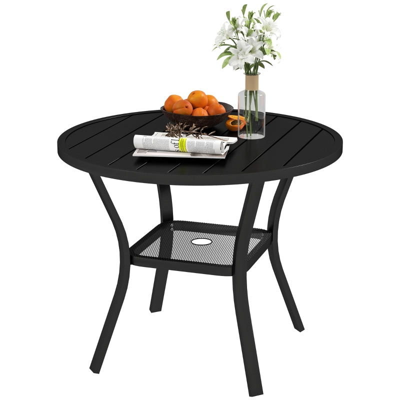 90 cm Round Black Garden Dining Table with 4-5 cm Parasol Hole, Steel Slatted Top and Wire Shelf for Outdoor Balcony and Porch