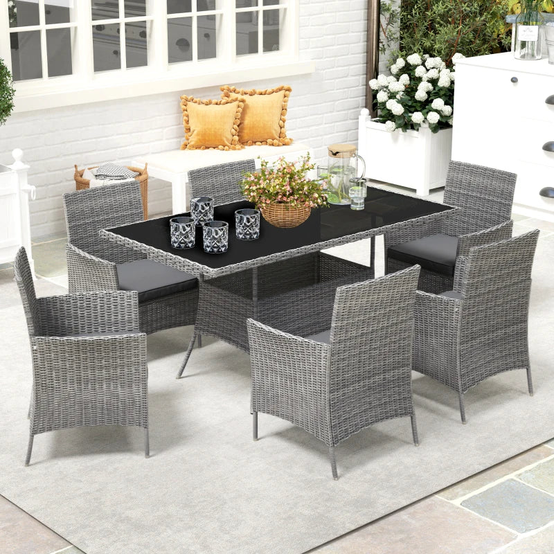 7-Piece Grey Rattan Garden Furniture Set - 6 Seater Dining Set with Cushions and Rectangular Glass Top Table