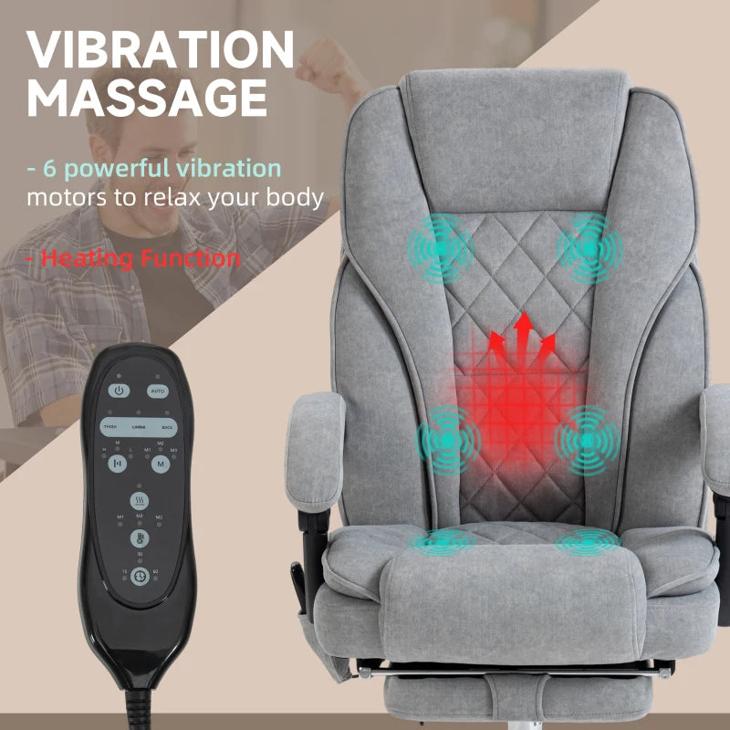 Vinsetto Heated Reclining Massage Office Chair with Adjustable Height & Footrest - Ergonomic Grey Computer Chair