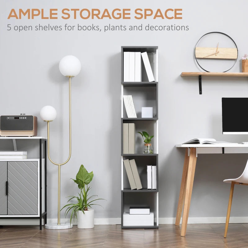 Modern 5-Tier Bookshelf - Freestanding Bookcase Storage for Living Room, Home Office & Study - White & Dark Grey