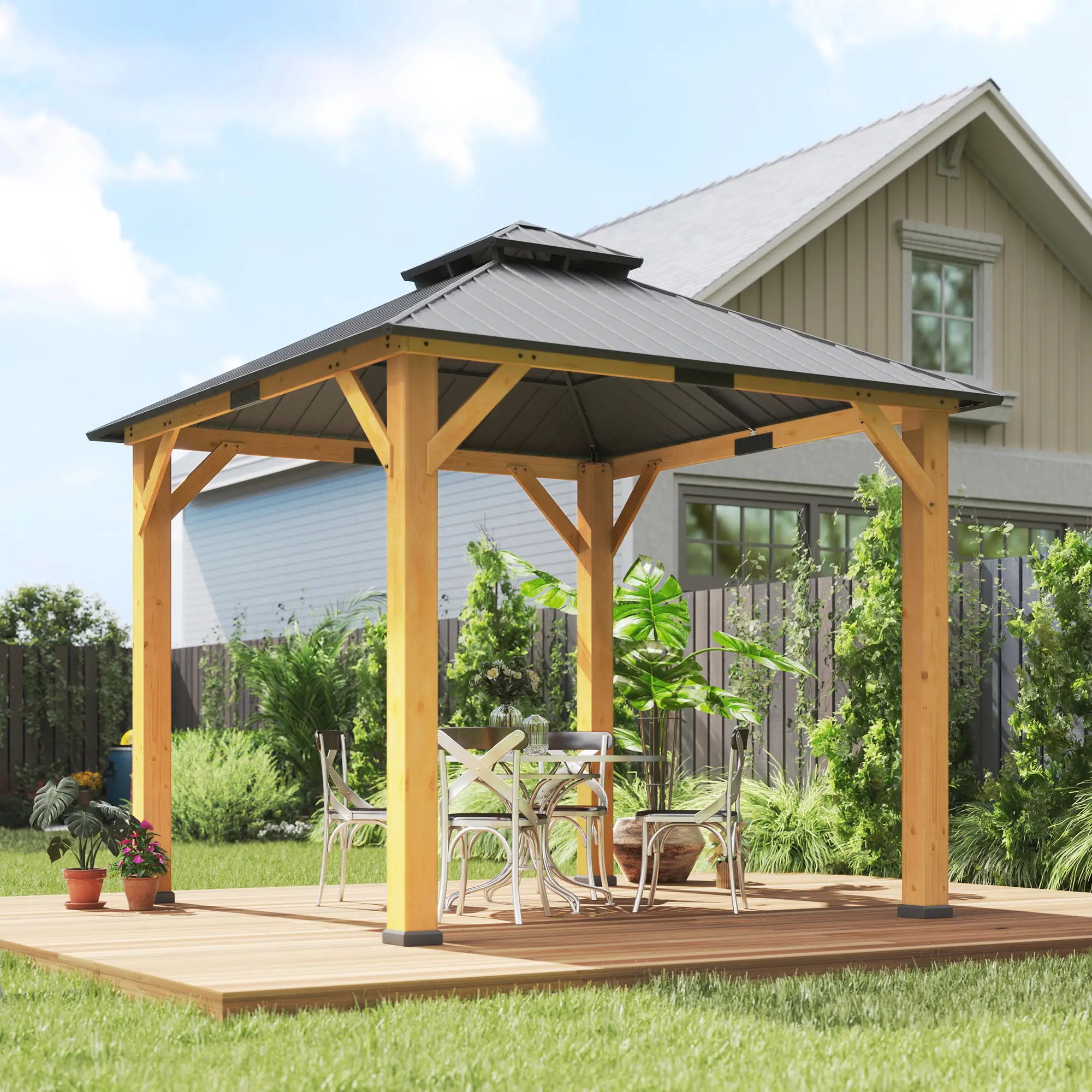 Grey 3m x 3m Hardtop Gazebo Canopy with 2-Tier Roof and Solid Wood Frame