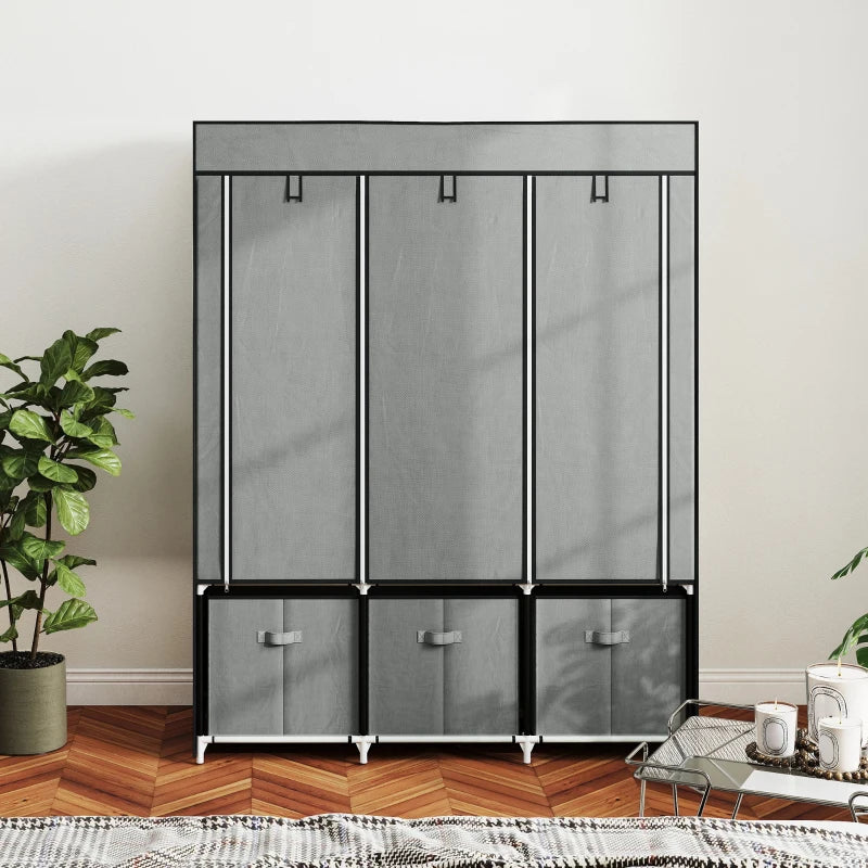 Portable Fabric Wardrobe with Shelves and Hanging Rails for Bedroom Storage Light Grey