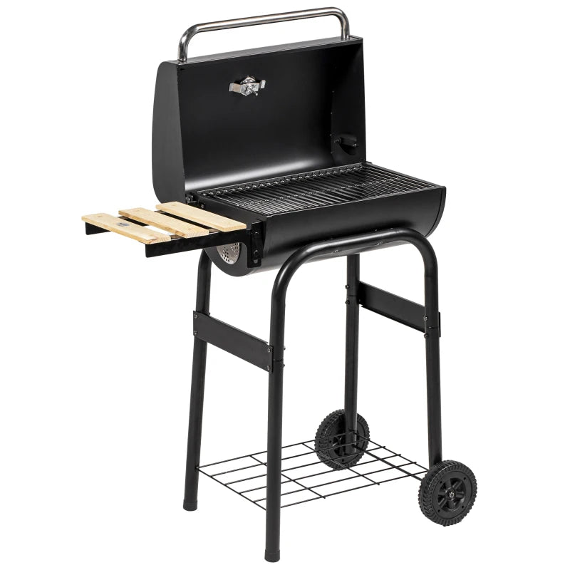 Charcoal BBQ Grill with Thermometer, Shelves, and Wheels - Black