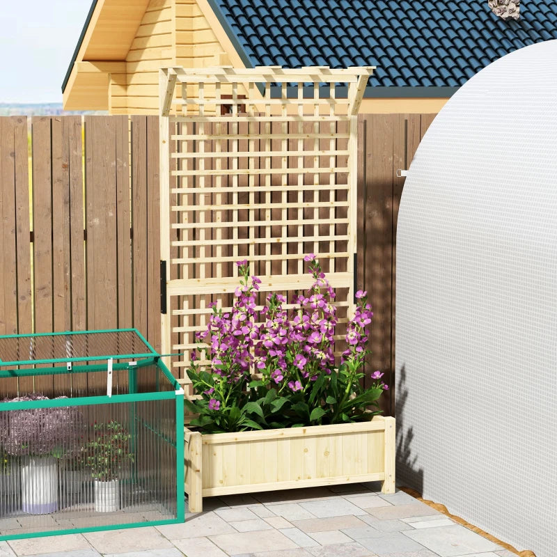 Wooden Raised Garden Bed with Trellis for Climbing Plants and Vegetables Natural Planter with Drainage Holes