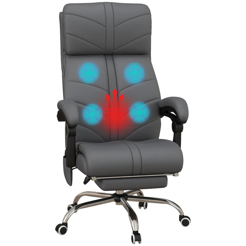 Vinsetto High Back Massage Office Chair with Heat & Footrest - Grey PU Leather Reclining Computer Chair