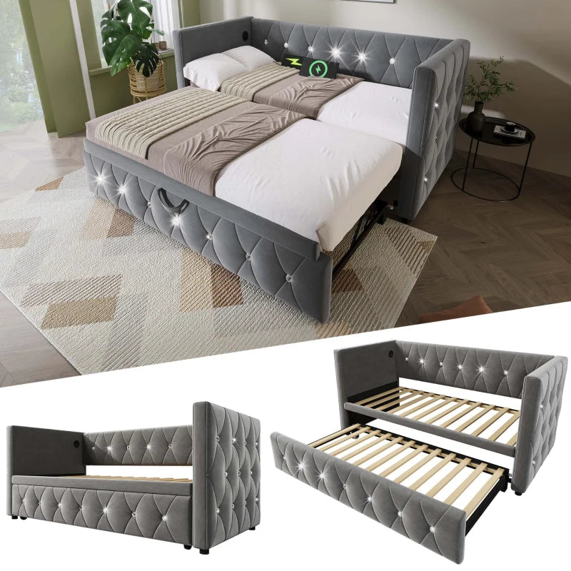 Elegant Velvet Upholstered Daybed with USB & Type C Ports, Pull-Out Trundle, Grey Sofa Bed for Bedroom, 203x101-194x76 cm