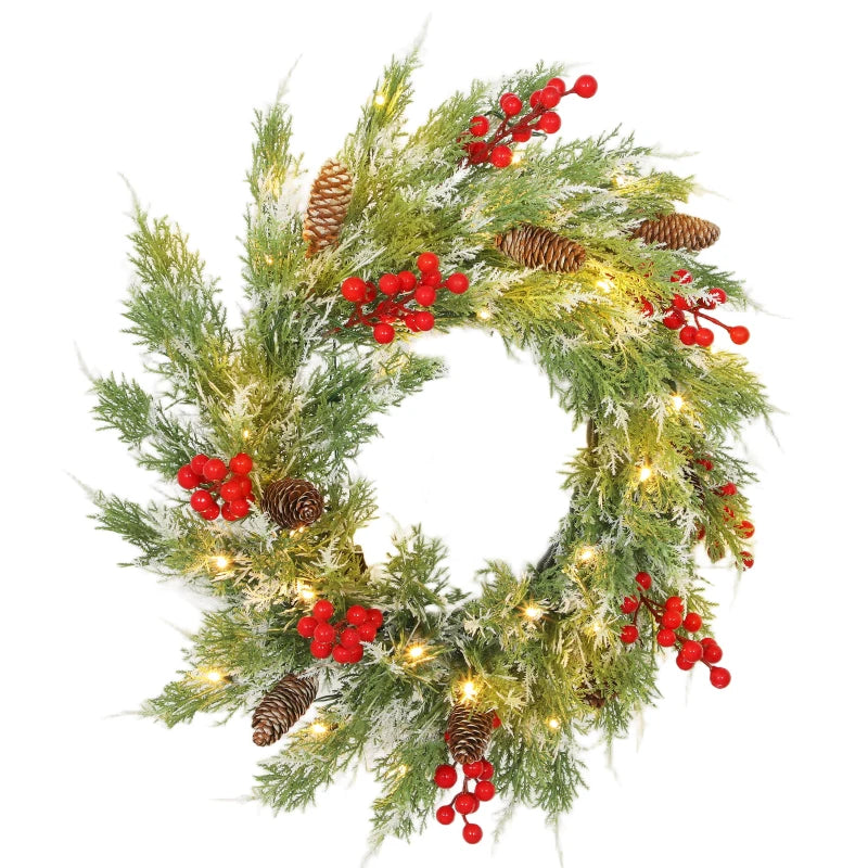 60 cm Prelit Christmas Wreath - Realistic Branches, 30 Warm White LEDs, Timer, Battery Operated Door Decor