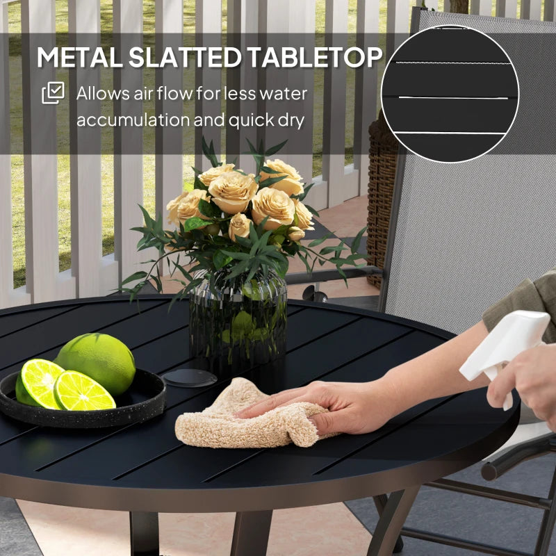 90 cm Round Black Garden Dining Table with 4-5 cm Parasol Hole, Steel Slatted Top and Wire Shelf for Outdoor Balcony and Porch