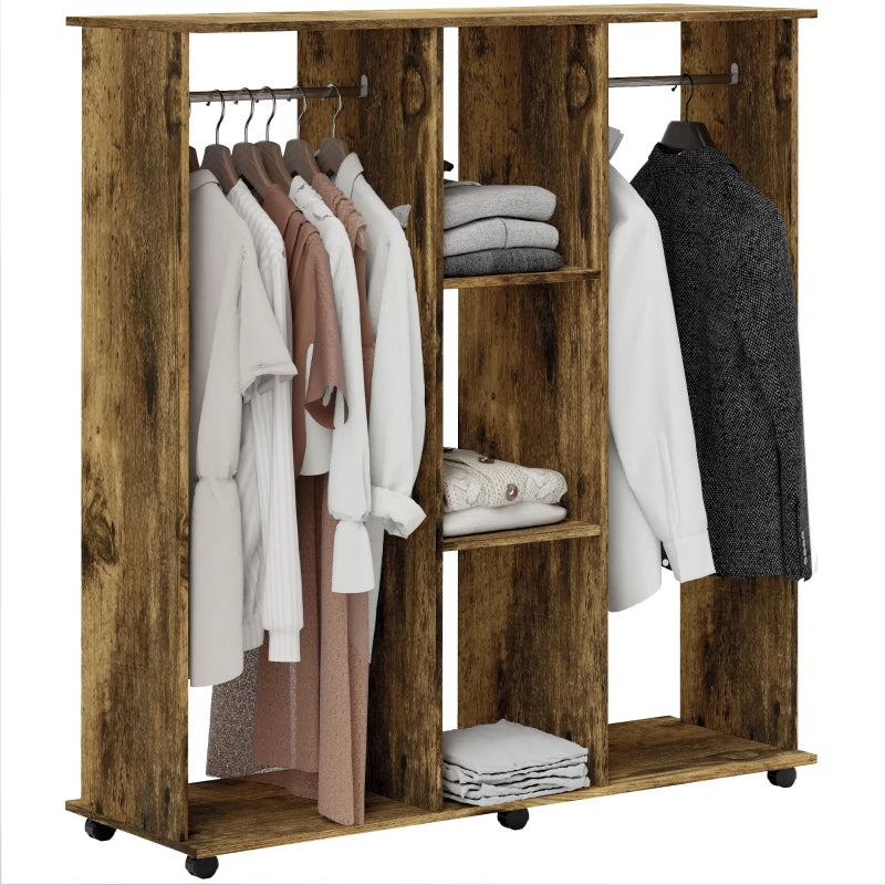 Rustic Brown Double Mobile Open Wardrobe with 6 Wheels and Storage Shelves Organizer