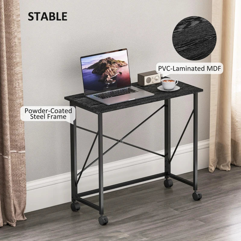 Compact 80 cm Folding Desk on Wheels - Versatile Black Mobile Workstation for Home Office, Study, and Small Spaces