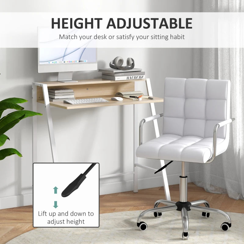 Home Office Chair and Computer Desk Set - Faux Leather Swivel Chair with Storage Shelf - Modern White Study Desk