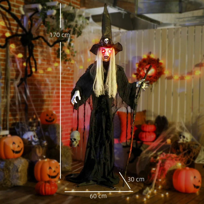 170 cm Animated Life Size Witch with Glowing LED Eyes - Spooky Halloween Decoration, Battery Operated Indoor Party Prop
