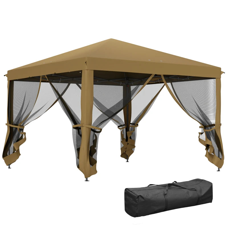 3m x 3m Khaki Pop Up Gazebo - 420D Garden Tent Canopy with Removable Mesh Sidewall Netting & Carry Bag for Outdoor Patio