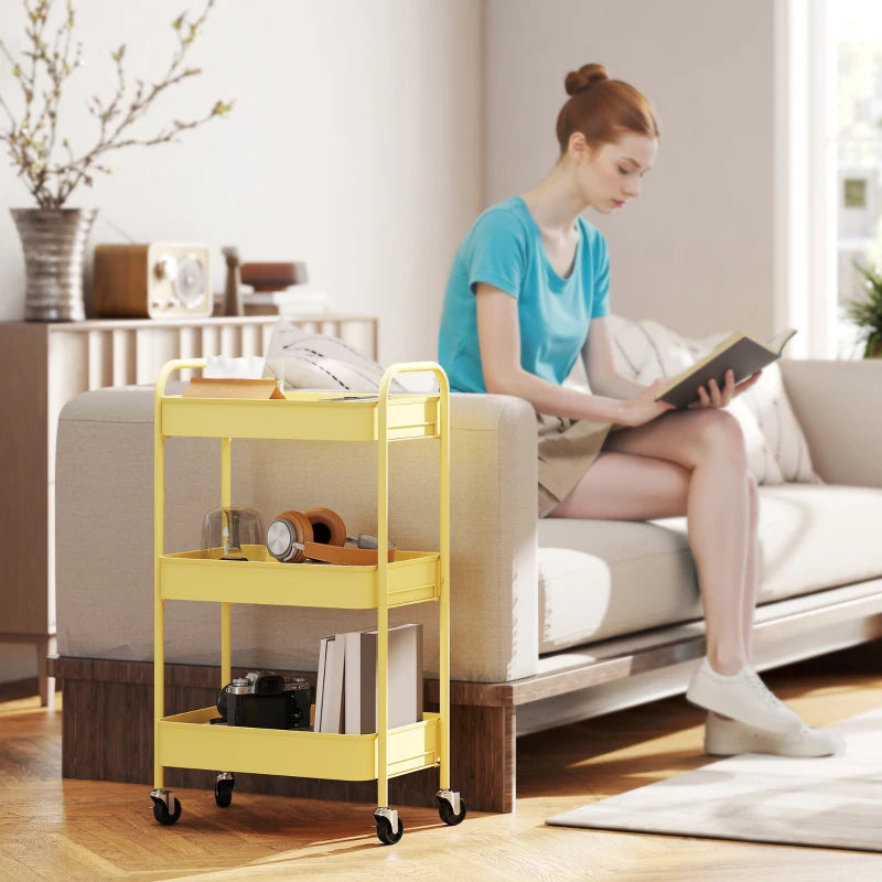 Three-Tier Yellow Steel Storage Trolley - Durable, Versatile Organizer for Home, Office, Kitchen & Garage