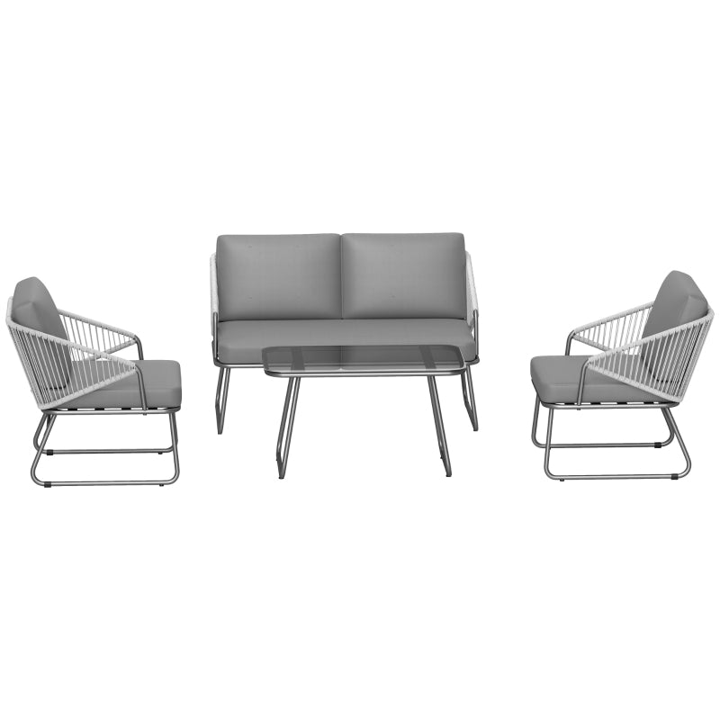 4 Piece Grey Rattan Garden Furniture Set - Wicker Patio Outdoor Loveseat, Armchairs, Glass Top Coffee Table with Cushions for Patio, Conservatory, Balcony