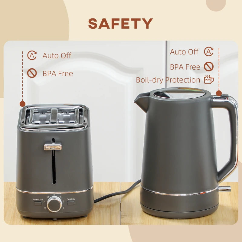 Premium Grey Kettle and Toaster Set - 1.7L Fast Boil 3000W Kettle & 2 Slice Toaster with 6 Browning Levels