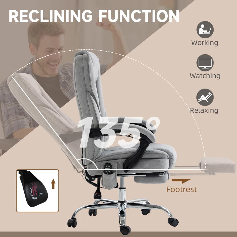 Vinsetto Heated Reclining Massage Office Chair with Adjustable Height & Footrest - Ergonomic Grey Computer Chair