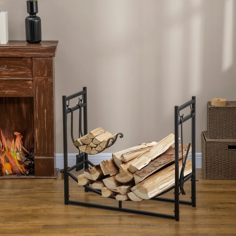 Metal Firewood Log Holder Rack - 2 Tier Indoor Outdoor Fireplace Storage with Tools & Hooks, Black, 84W x 33D x 76H cm