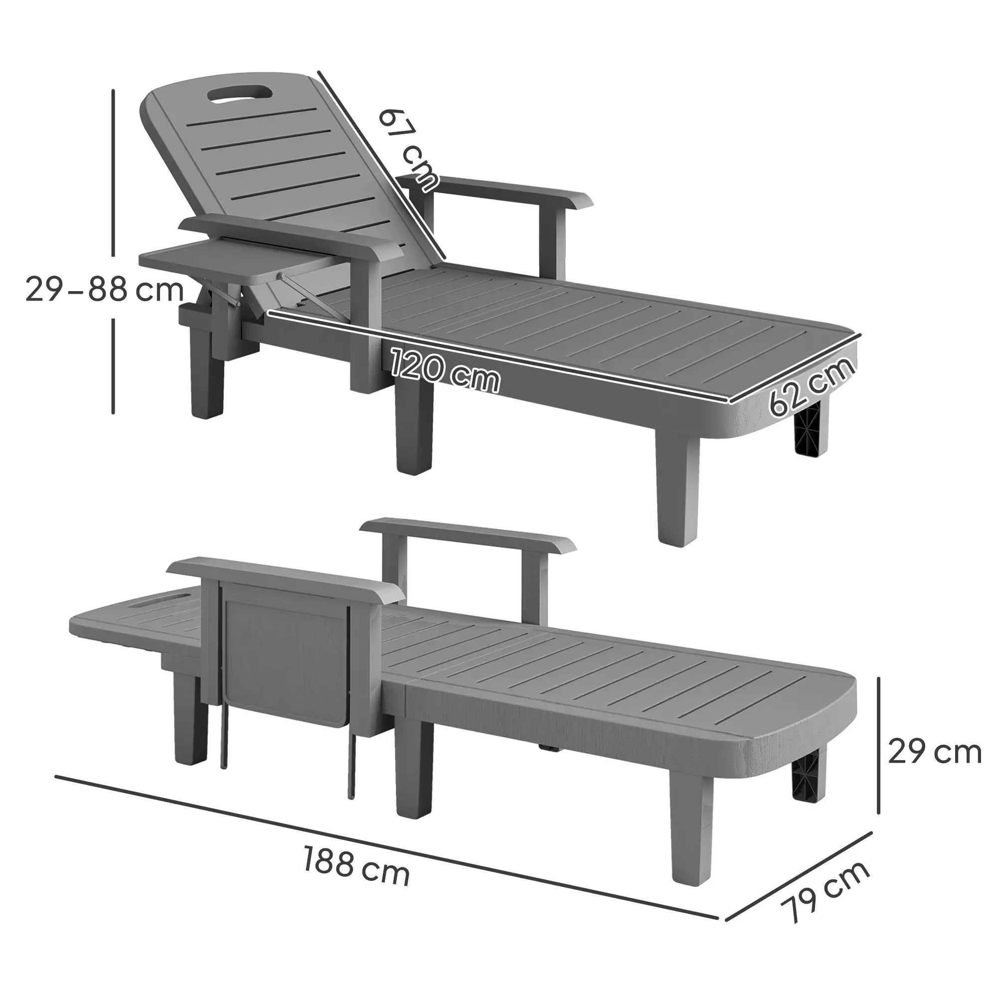 Set of 2 Resin Reclining Sun Loungers for Garden - 5 Positions - Outdoor Chaise Lounge Chairs with Wood Texture Surface, Armrests & Foldable Side Table