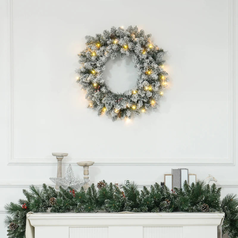 60" Snowy Pine Cone & Berry Christmas Wreath with LED Lights - Festive Holiday Decor for Home & Office