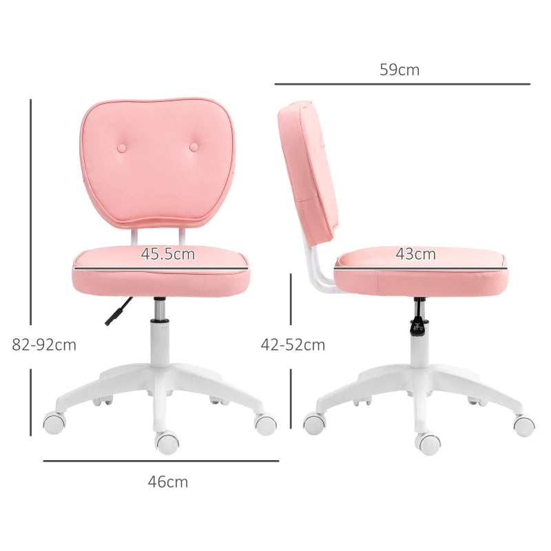 Vinsetto Pink PU Leather Vanity Office Chair - Adjustable Height, Armless, Swivel Wheels, Stylish Computer Chair for Home