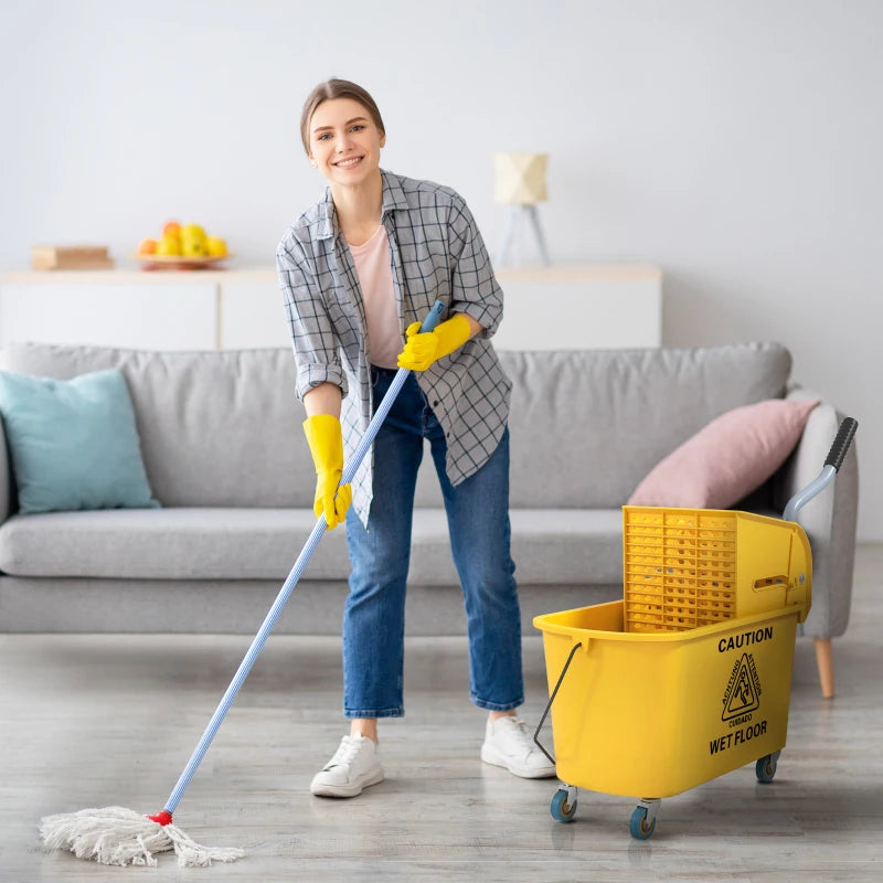 Yellow Mop Bucket with Wringer Set on Wheels - 20L Side Press Mop Bucket with Handle for Efficient Floor Cleaning